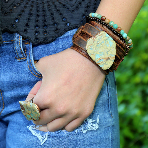 Genuine Leather Wide Cuff Bracelet w/ Aqua Terra Slab